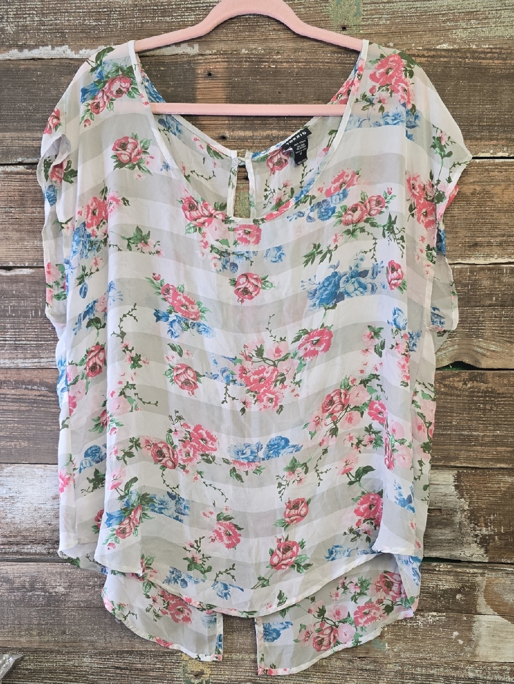 Torrod Floral Striped Sheer Blouse - Pink & Blue, Size 0 (XL)